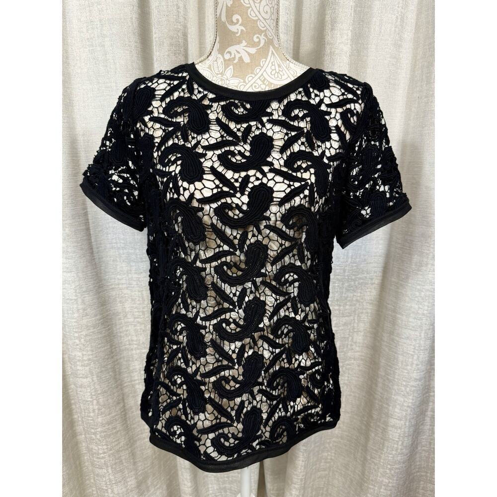 LOFT Black Paisley Lace Short Sleeve Blouse – Size Small - Picture 2 of 11
